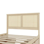 Antique Natural Full Size Wood Storage Platform Bed with 4 Drawers & Rattan Headboard