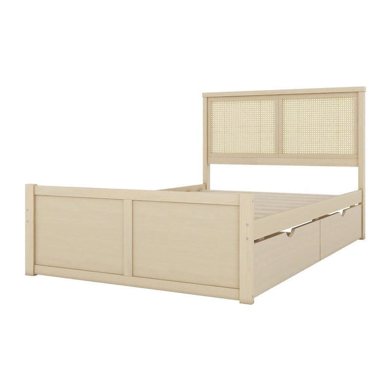 Antique Natural Full Size Wood Storage Platform Bed with 4 Drawers & Rattan Headboard
