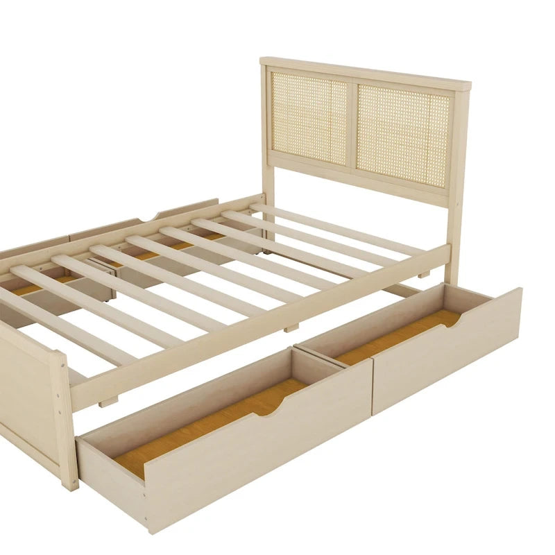 Antique Natural Full Size Wood Storage Platform Bed with 4 Drawers & Rattan Headboard