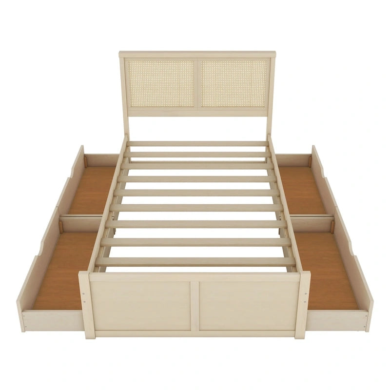 Antique Natural Full Size Wood Storage Platform Bed with 4 Drawers & Rattan Headboard