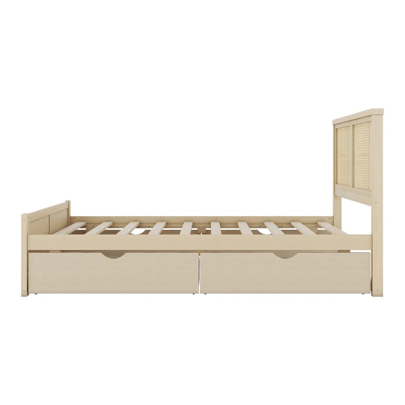 Antique Natural Full Size Wood Storage Platform Bed with 4 Drawers & Rattan Headboard