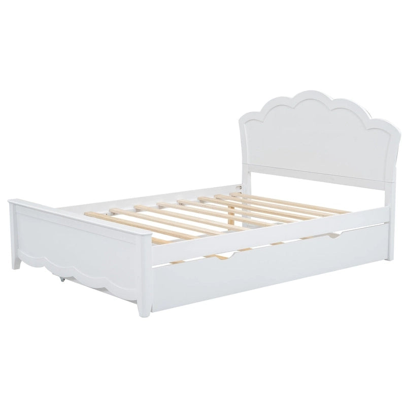 White Full Size Modern Wood Platform Bed with Headboard & Twin Trundle