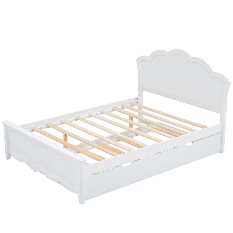 White Full Size Modern Wood Platform Bed with Headboard & Twin Trundle