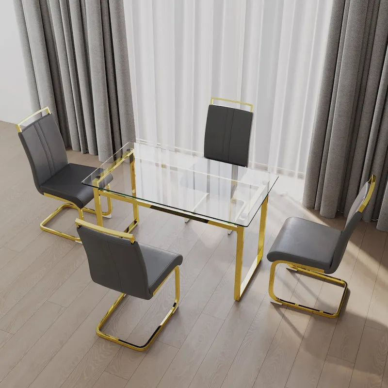 Modern Style 5-Piece Dining Set with Rectangular Tempered Glass Table and High Back Golden Plating Legs Dining Armless Chairs