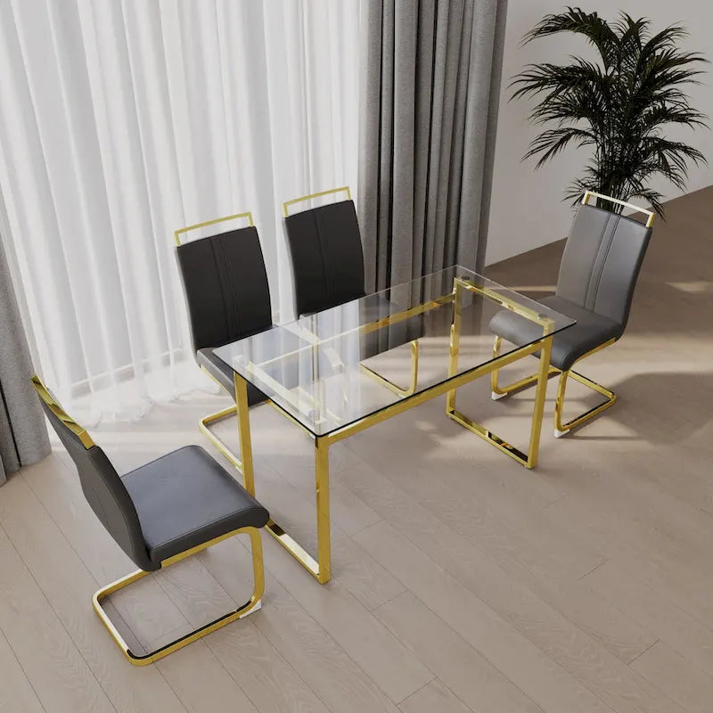 Modern Style 5-Piece Dining Set with Rectangular Tempered Glass Table and High Back Golden Plating Legs Dining Armless Chairs