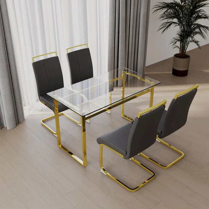 Modern Style 5-Piece Dining Set with Rectangular Tempered Glass Table and High Back Golden Plating Legs Dining Armless Chairs