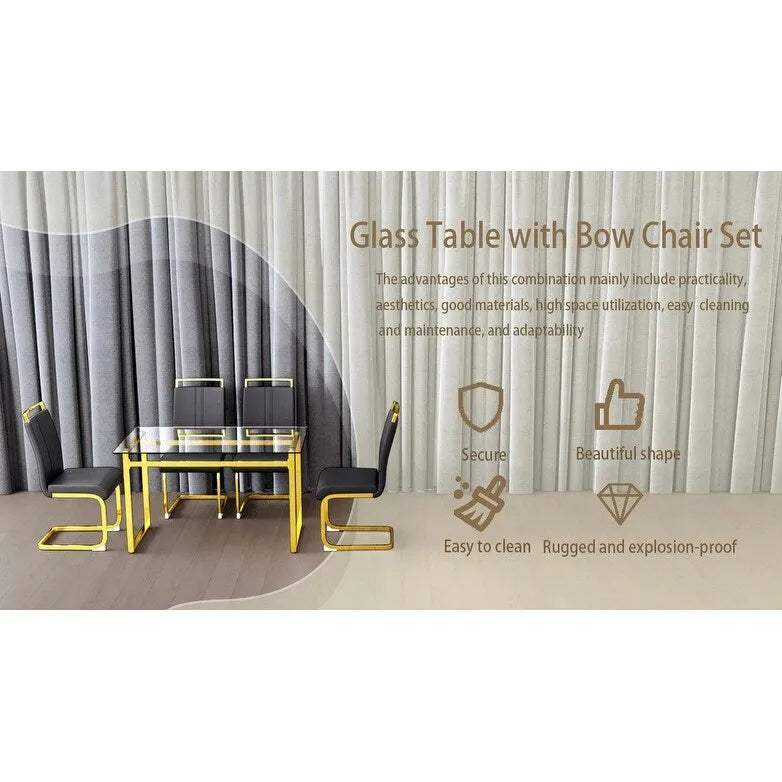 Modern Style 5-Piece Dining Set with Rectangular Tempered Glass Table and High Back Golden Plating Legs Dining Armless Chairs