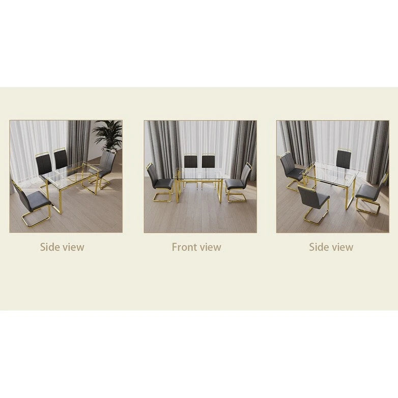Modern Style 5-Piece Dining Set with Rectangular Tempered Glass Table and High Back Golden Plating Legs Dining Armless Chairs