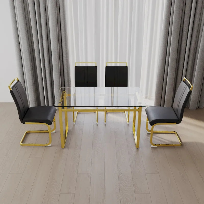 Modern Style 5-Piece Dining Set with Rectangular Tempered Glass Table and High Back Golden Plating Legs Dining Armless Chairs