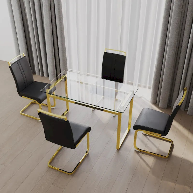 Modern Style 5-Piece Dining Set with Rectangular Tempered Glass Table and High Back Golden Plating Legs Dining Armless Chairs
