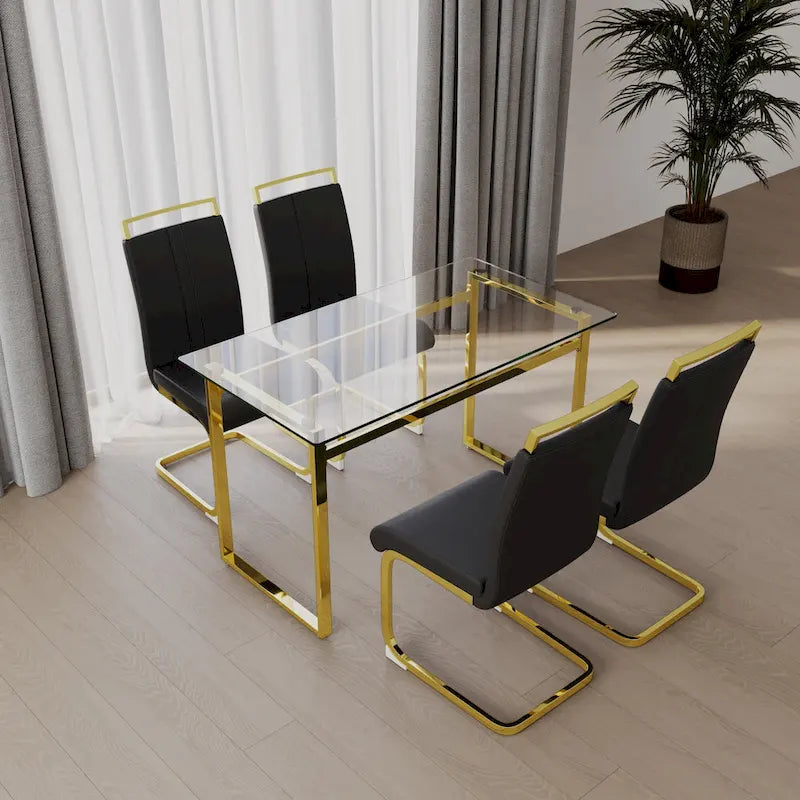 Modern Style 5-Piece Dining Set with Rectangular Tempered Glass Table and High Back Golden Plating Legs Dining Armless Chairs