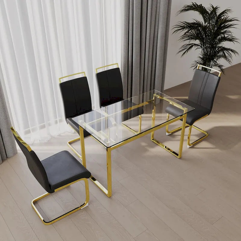 Modern Style 5-Piece Dining Set with Rectangular Tempered Glass Table and High Back Golden Plating Legs Dining Armless Chairs