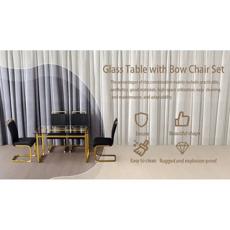 Modern Style 5-Piece Dining Set with Rectangular Tempered Glass Table and High Back Golden Plating Legs Dining Armless Chairs