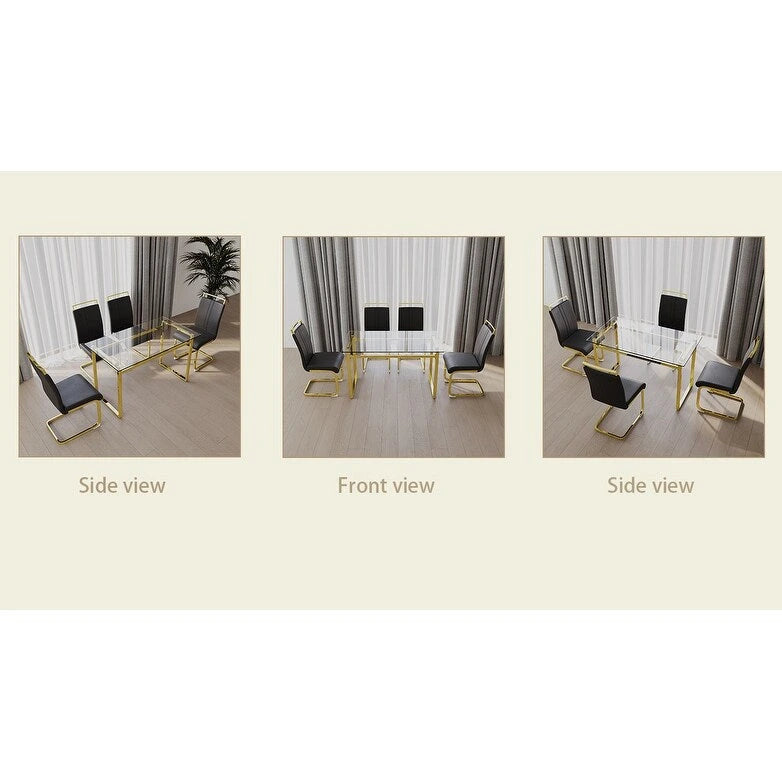 Modern Style 5-Piece Dining Set with Rectangular Tempered Glass Table and High Back Golden Plating Legs Dining Armless Chairs