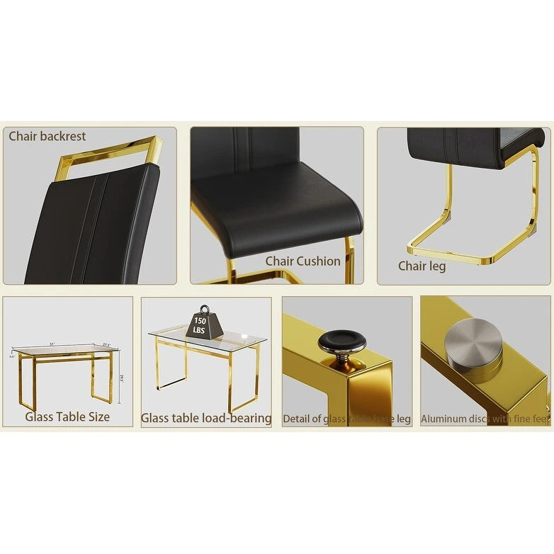Modern Style 5-Piece Dining Set with Rectangular Tempered Glass Table and High Back Golden Plating Legs Dining Armless Chairs