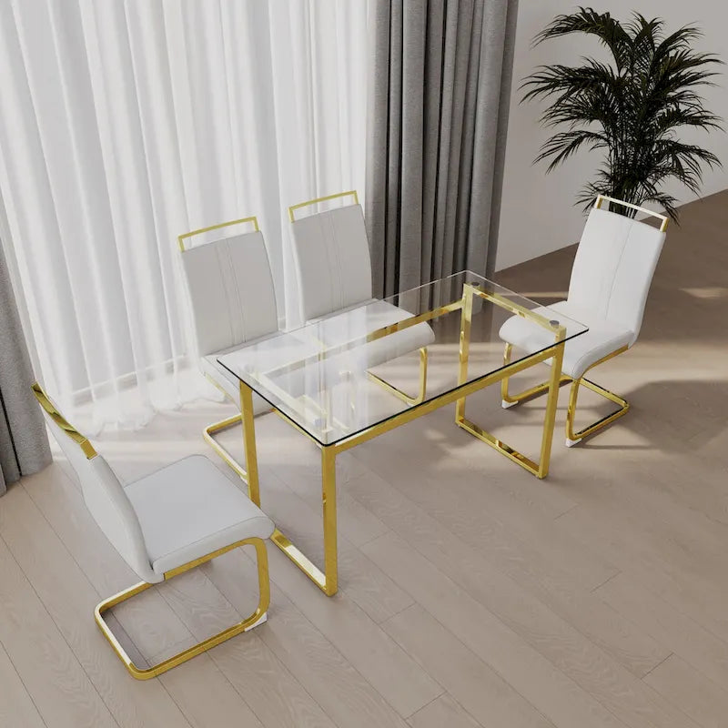 Modern Style 5-Piece Dining Set with Rectangular Tempered Glass Table and High Back Golden Plating Legs Dining Armless Chairs