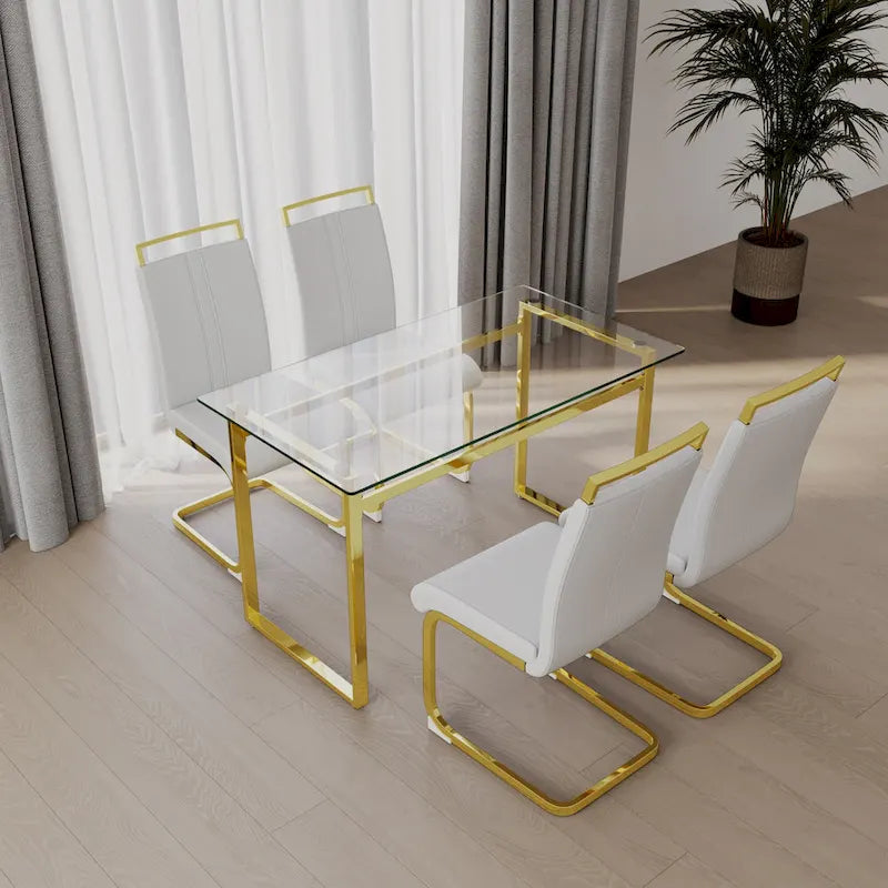 Modern Style 5-Piece Dining Set with Rectangular Tempered Glass Table and High Back Golden Plating Legs Dining Armless Chairs