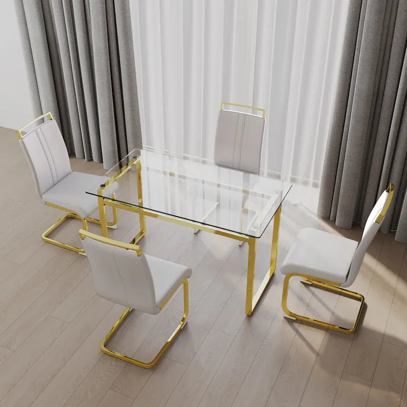 Modern Style 5-Piece Dining Set with Rectangular Tempered Glass Table and High Back Golden Plating Legs Dining Armless Chairs