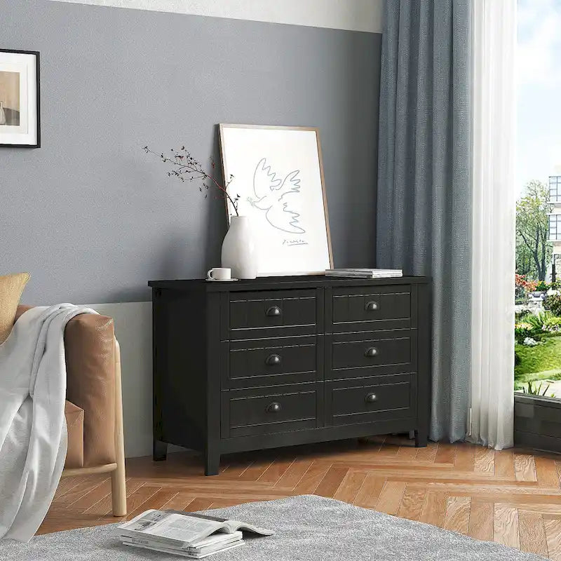 Antique Style 6-Drawer Double Dresser with Retro Shell Handle for Bedroom, Living Room