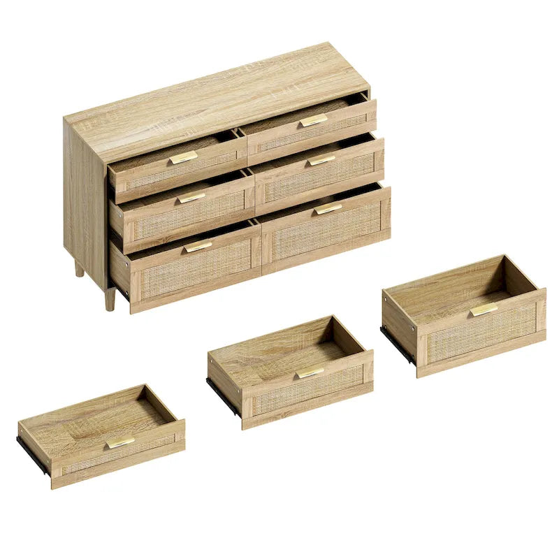 Rattan 6-Drawer Double Dresser with Metal Handle, Wood Legs, Clothes Storage Cabinet for Bedroom