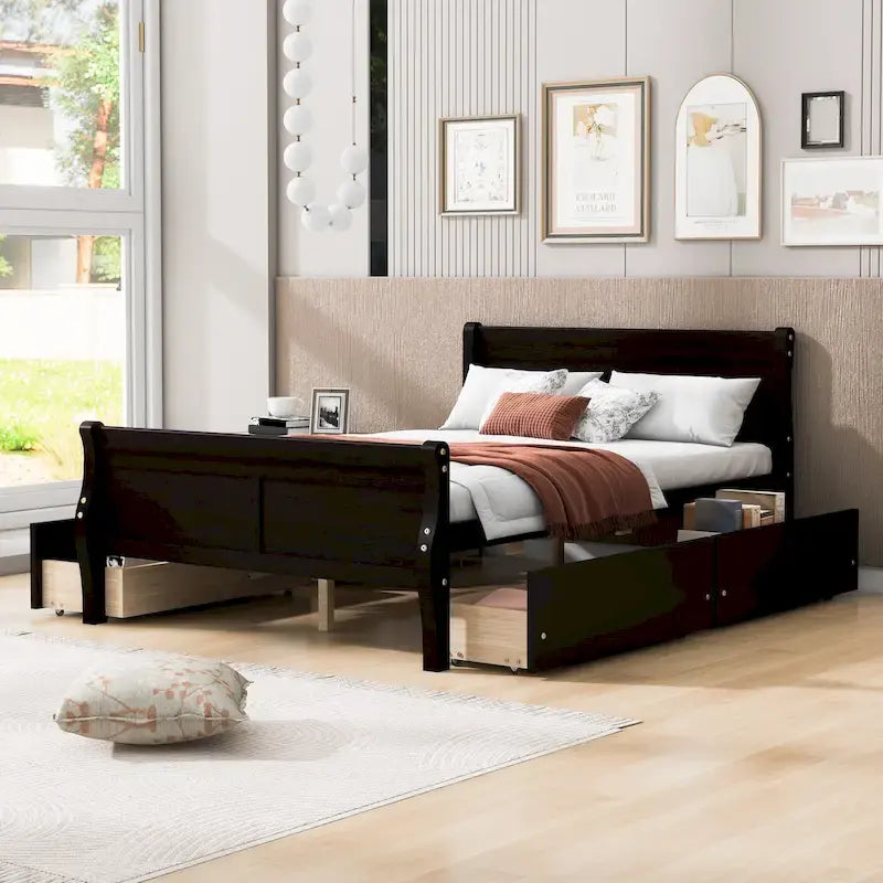 Full Pine Wood Platform Bed with 4 Drawers & Design