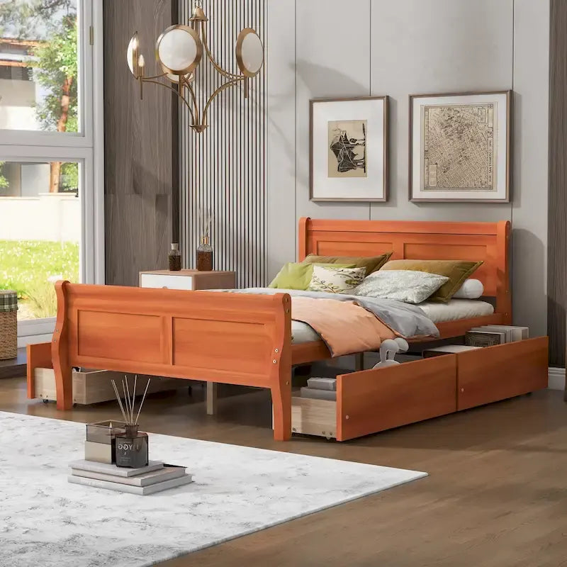 Full Pine Wood Platform Bed with 4 Drawers & Design