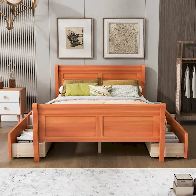 Full Pine Wood Platform Bed with 4 Drawers & Design