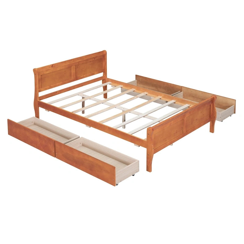 Full Pine Wood Platform Bed with 4 Drawers & Design
