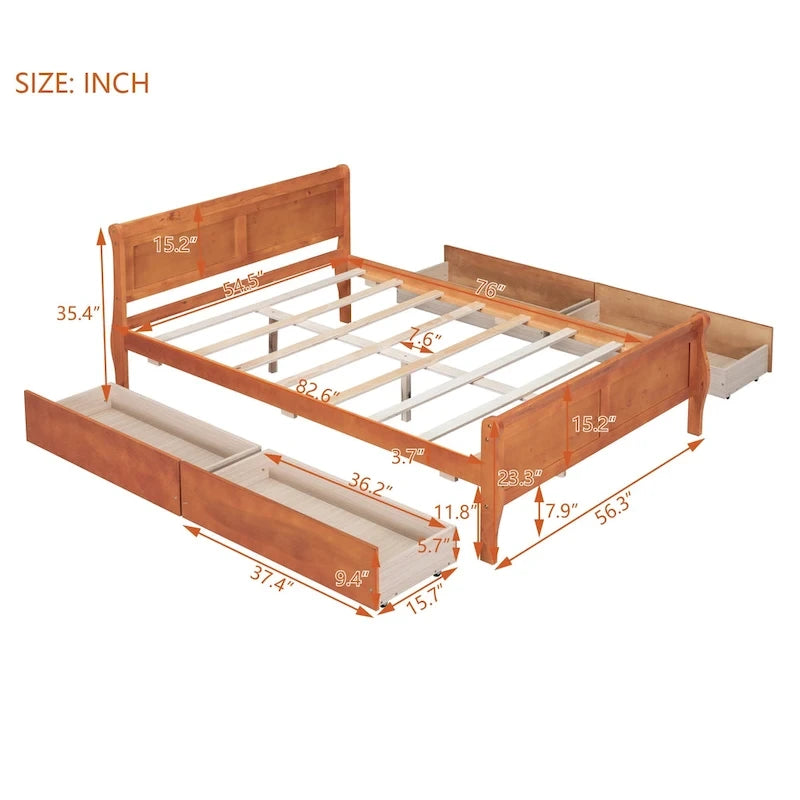 Full Pine Wood Platform Bed with 4 Drawers & Design