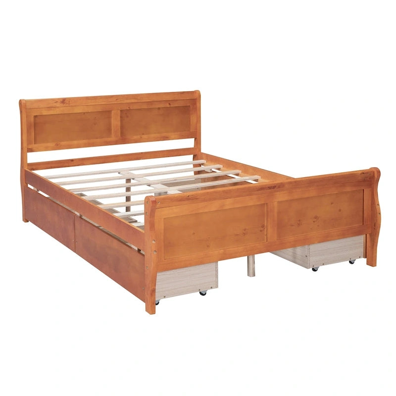 Full Pine Wood Platform Bed with 4 Drawers & Design