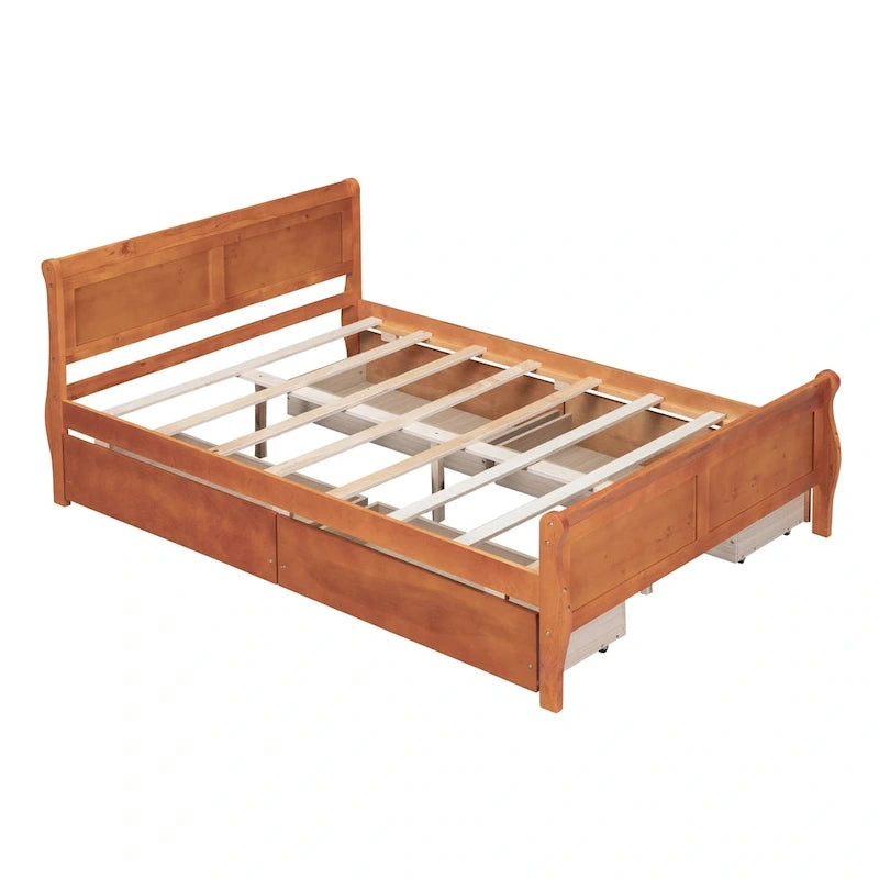 Full Pine Wood Platform Bed with 4 Drawers & Design