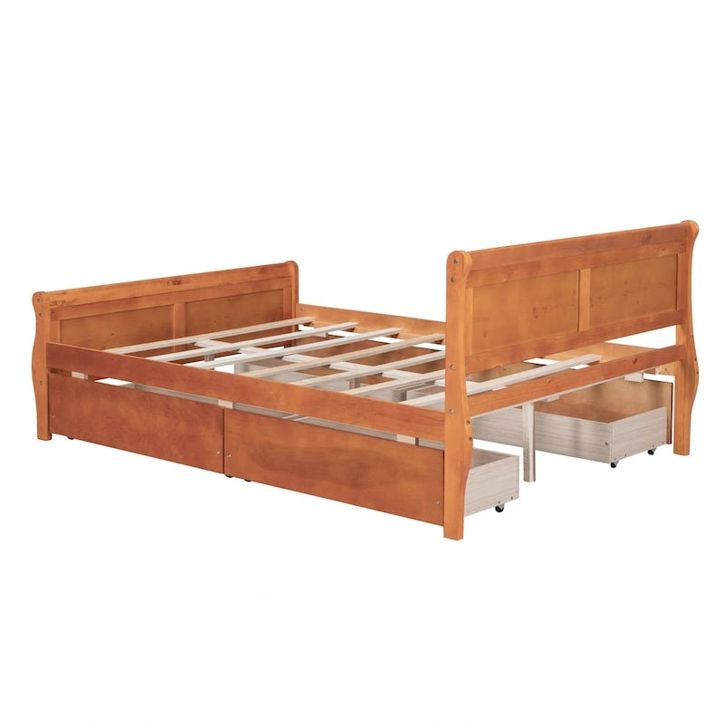 Full Pine Wood Platform Bed with 4 Drawers & Design