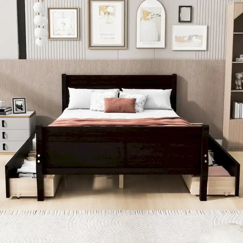 Full Pine Wood Platform Bed with 4 Drawers & Design