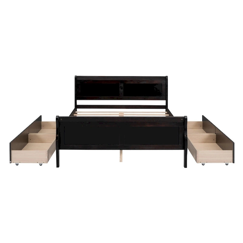 Full Pine Wood Platform Bed with 4 Drawers & Design