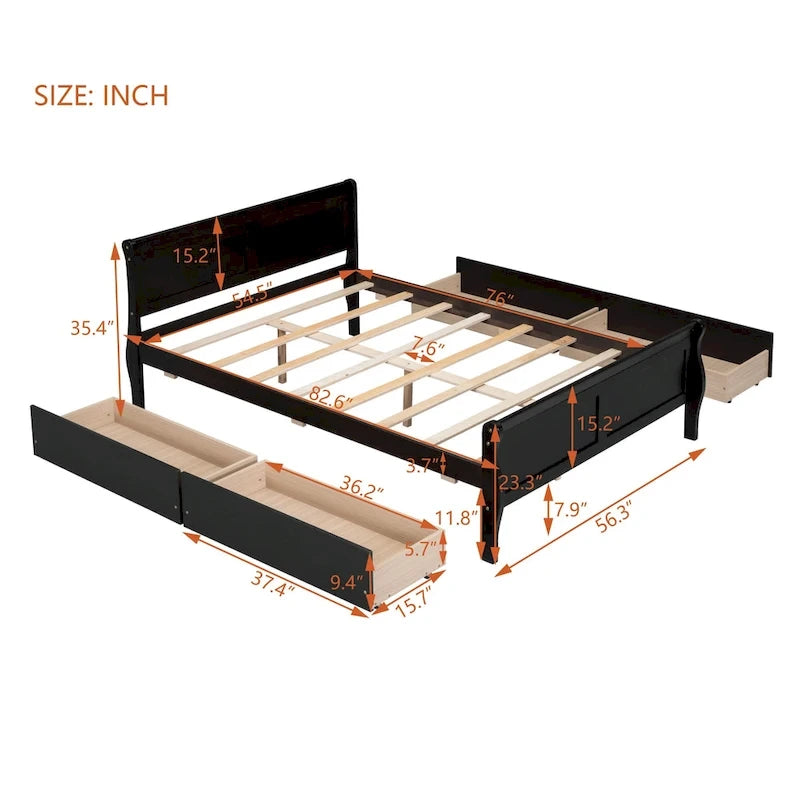 Full Pine Wood Platform Bed with 4 Drawers & Design