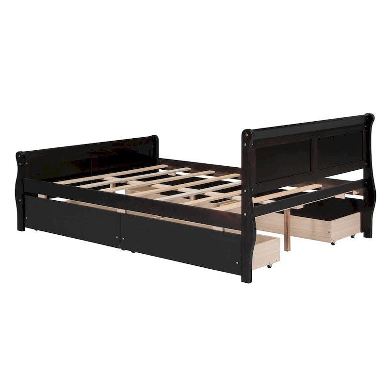 Full Pine Wood Platform Bed with 4 Drawers & Design