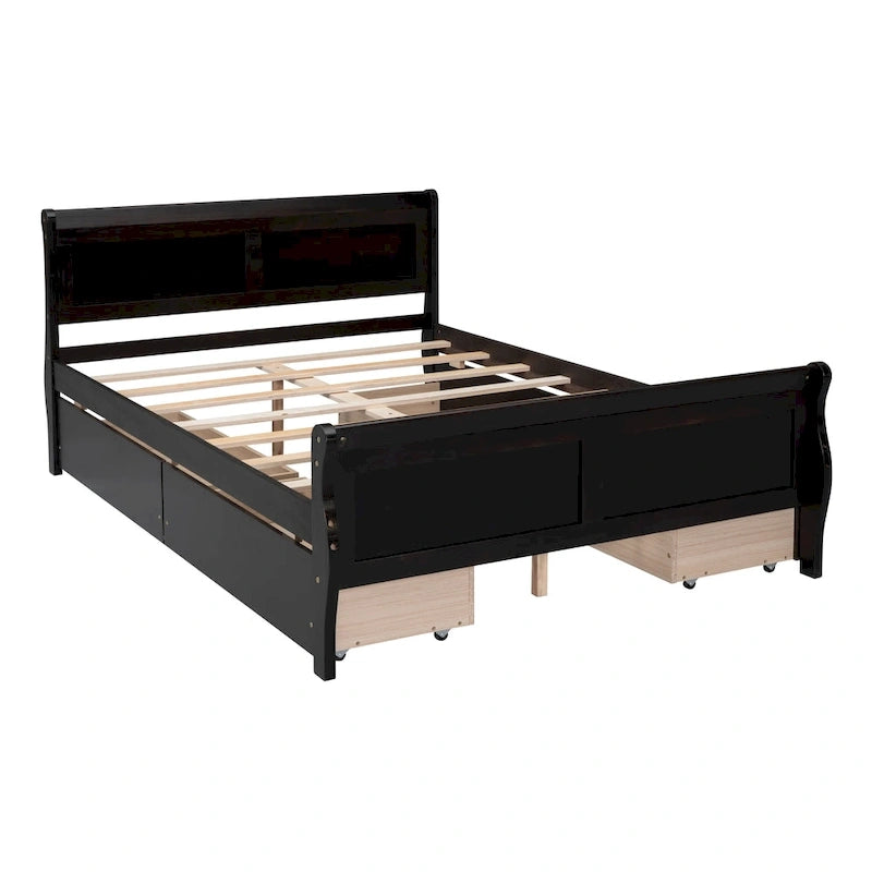 Full Pine Wood Platform Bed with 4 Drawers & Design