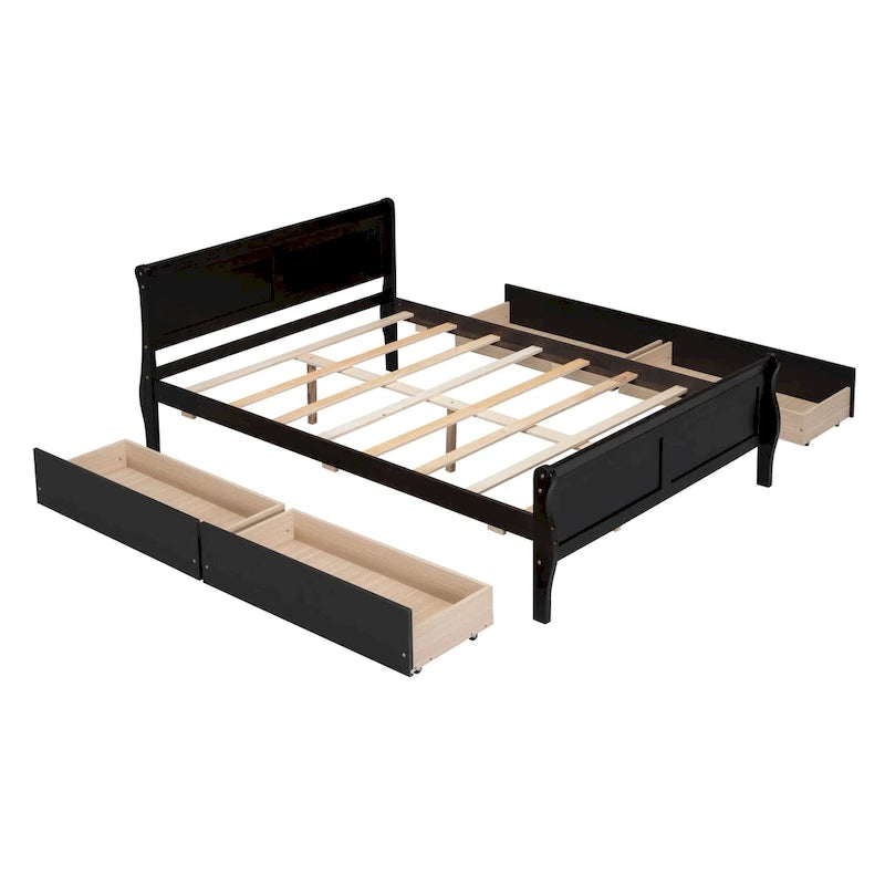 Full Pine Wood Platform Bed with 4 Drawers & Design