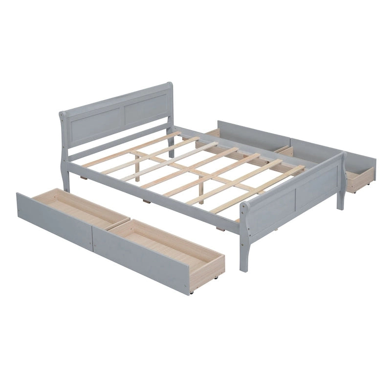 Full Pine Wood Platform Bed with 4 Drawers & Design