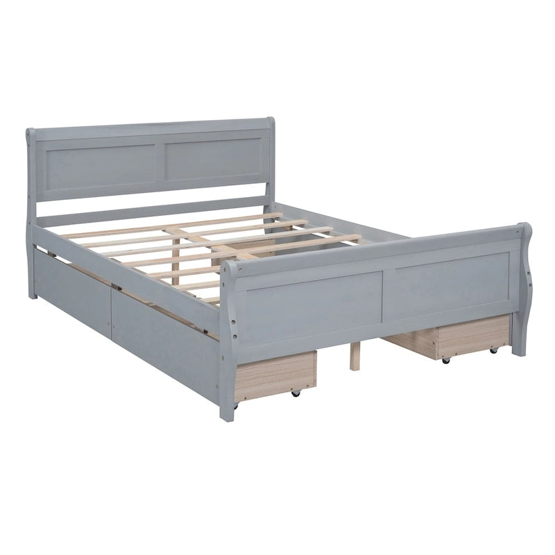Full Pine Wood Platform Bed with 4 Drawers & Design
