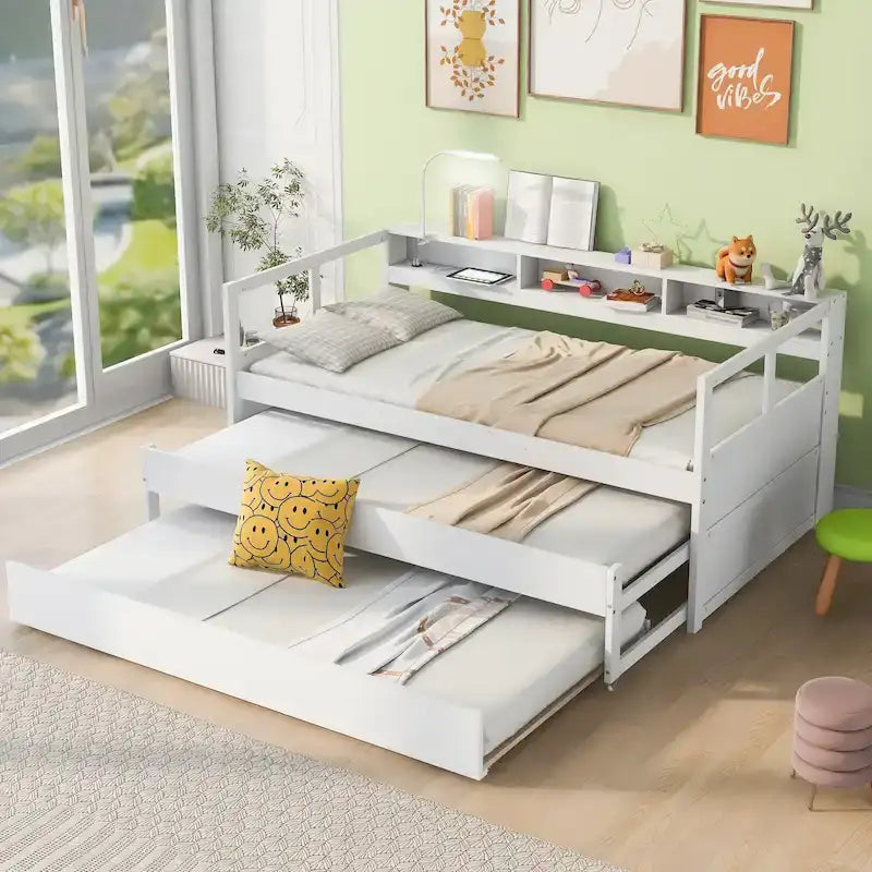 Twin XL Daybed with Trundles, Shelves & USB
