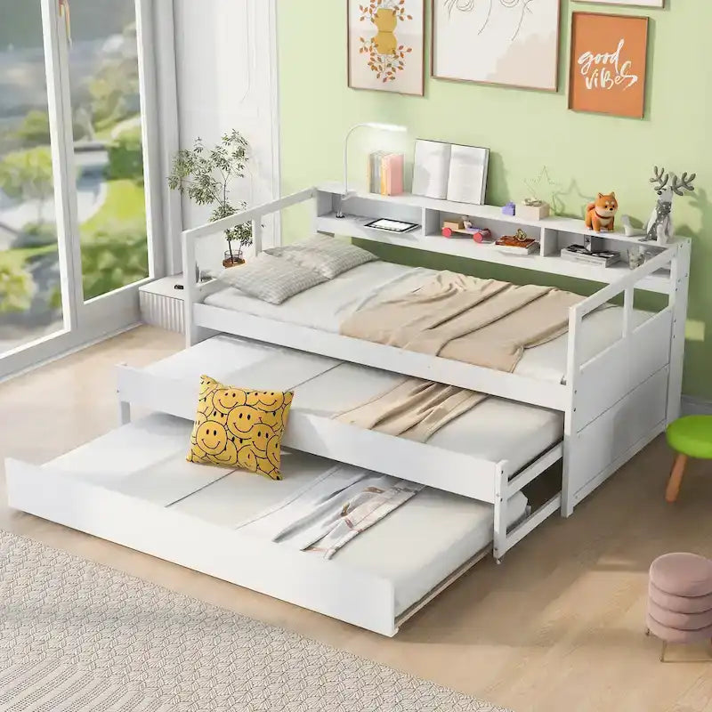 Twin XL Daybed with Trundles, Shelves & USB