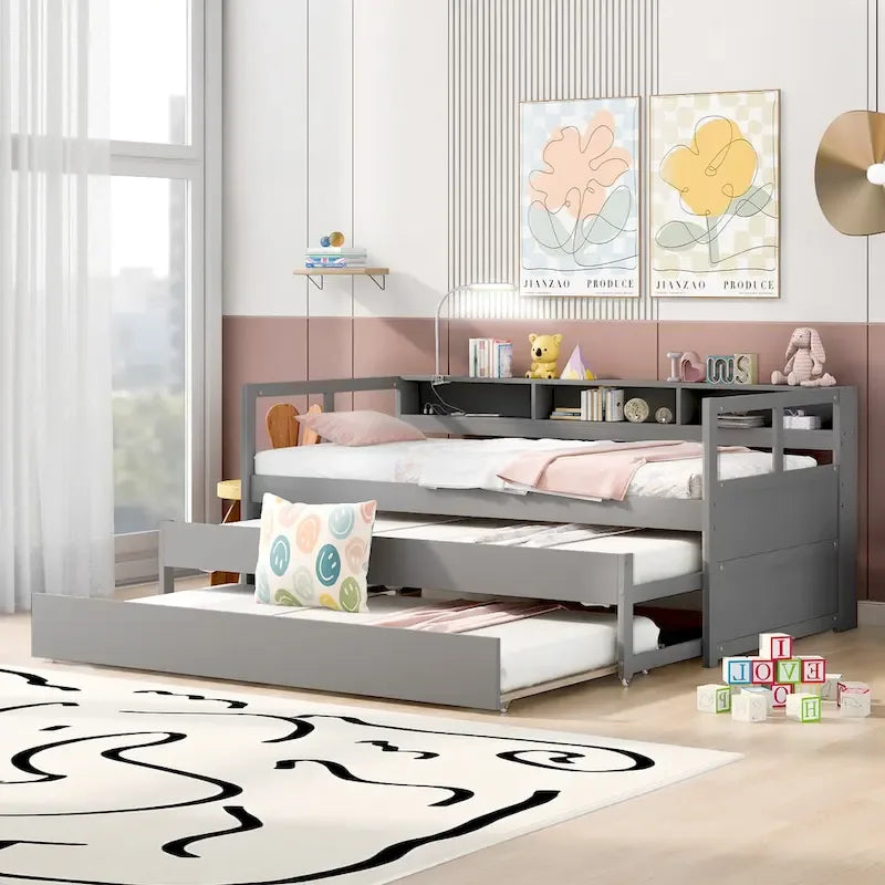 Twin XL Daybed with Trundles, Shelves & USB