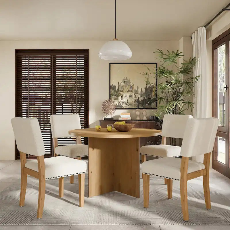 Farmhouse Style 5-Piece Wooden Dining Set with Round Table and 4 Lambswool-like Fabric Upholstered Chairs