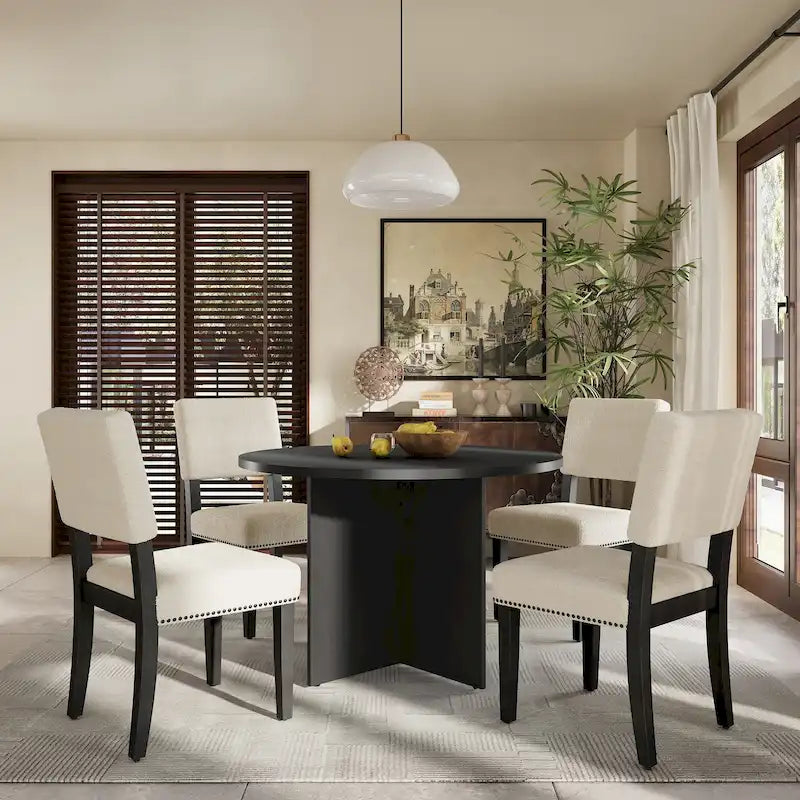 Farmhouse Style 5-Piece Wooden Dining Set with Round Table and 4 Lambswool-like Fabric Upholstered Chairs