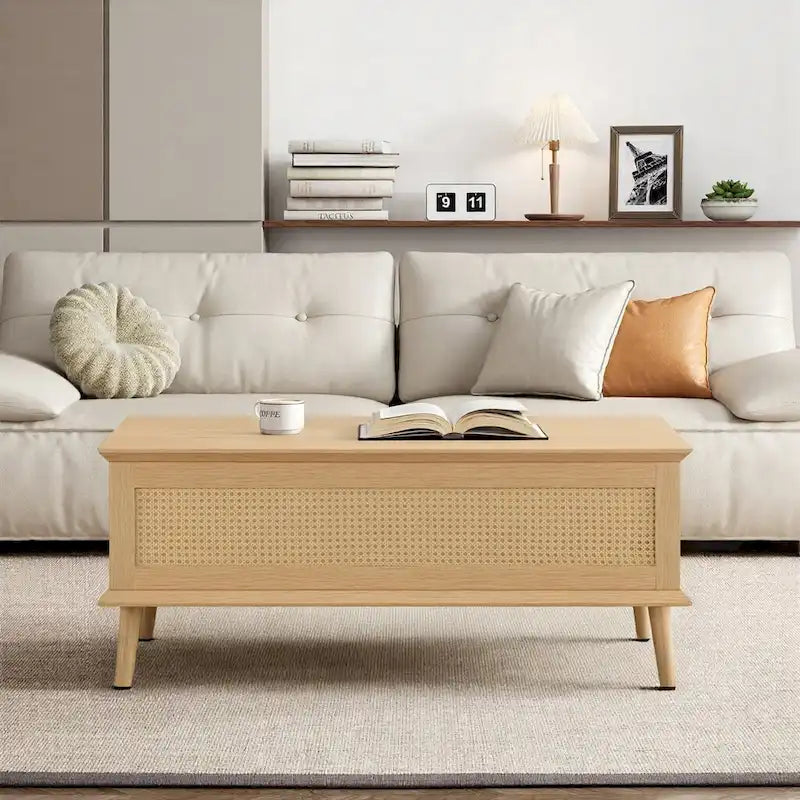Rattan-Woven Lift-Top Coffee Table with Storage — 42 x 17