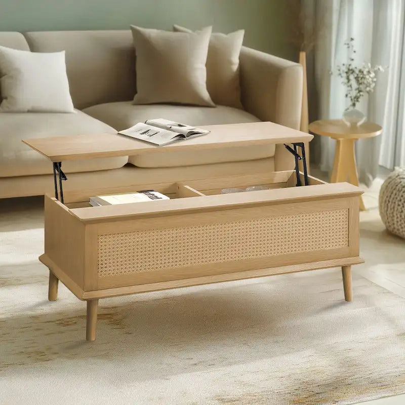 Rattan-Woven Lift-Top Coffee Table with Storage — 42 x 17