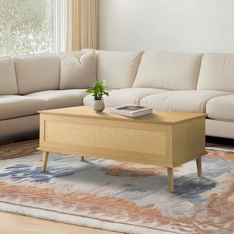 Rattan-Woven Lift-Top Coffee Table with Storage — 42 x 17
