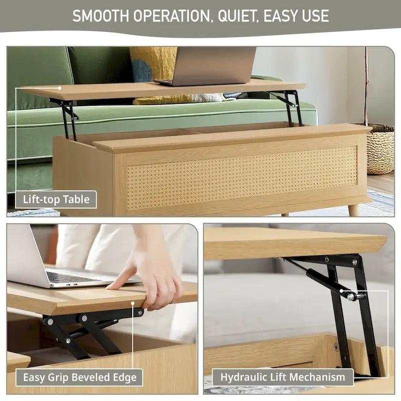 Rattan-Woven Lift-Top Coffee Table with Storage — 42 x 17