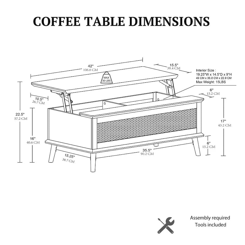 Rattan-Woven Lift-Top Coffee Table with Storage — 42 x 17